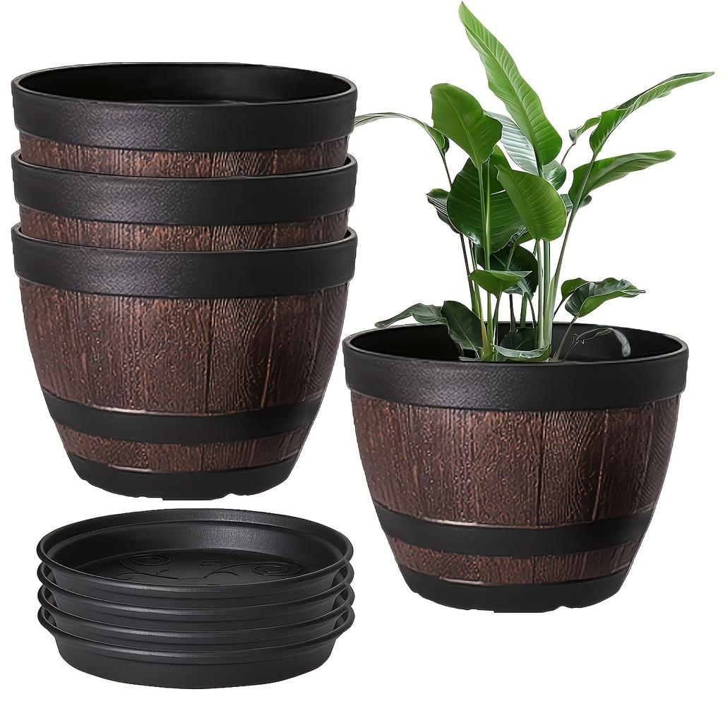 2 Macetas de Barril de Whisky con Plato + 2 Bases + 2 Macetas, Macetas de Plástico Rayadas con Agujeros de Drenaje, Adecuadas para Uso en Interiores y Exteriores