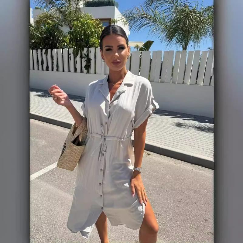 

Летнее однобортное платье свободного кроя с короткими рукавами и лацканами для женщин M абрикосовый