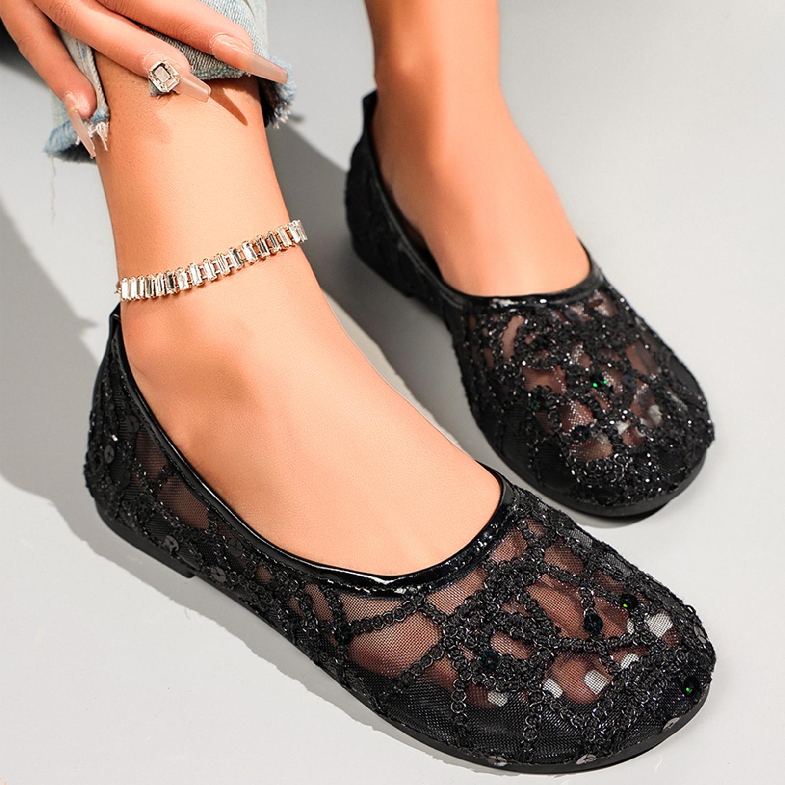 Women s Hollow Out Sequin Flat Shoes Low Cut Comfortable Casual Work Shoes Slip On Ballet Style 36 чёрный