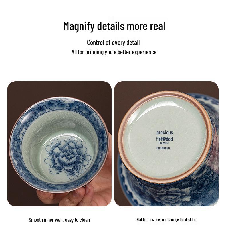 Antique Sancai Blue & White Gaiwan Kung Fu Tea Set: Cultivable Crackle Ceramic Tea Bowl & Large Cup