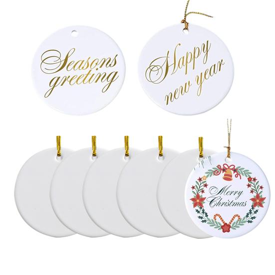 1 Set Sublimering Keramisk Prydnad Vit Rund Blank Prydnad med Snöre för Hantverk DIY Jul Heminredning