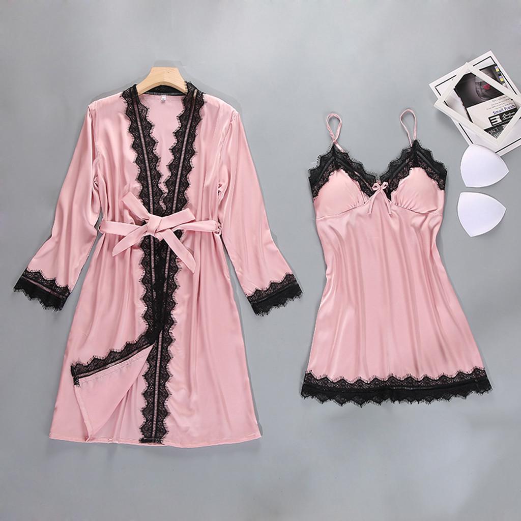 Buy Women Sexy Satin Fashion Lace Patchwork Sleepwear Sling Robe Long ...