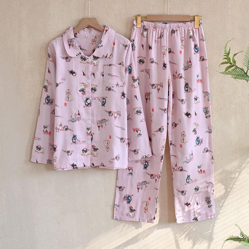 Womens Cotton Pajama Set Cartoon Long Sleeve Pants Loungewear