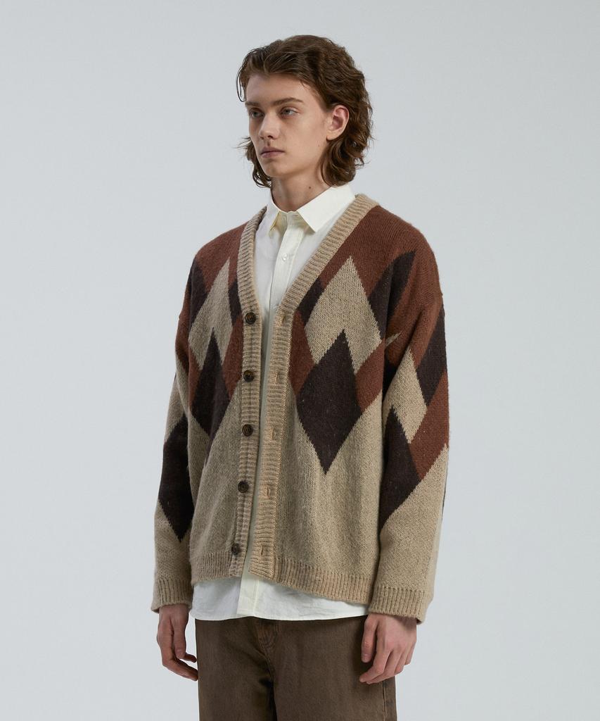 Knitted Bulky Brushed Argyle Cardigan Brown