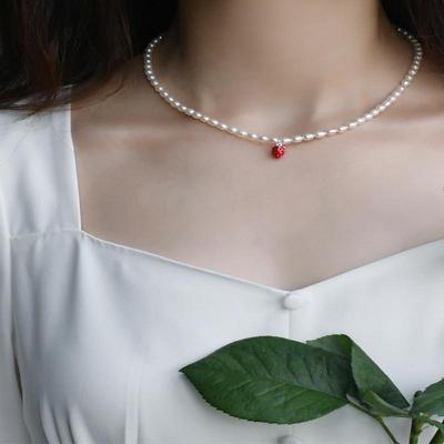 Natural Freshwater Pearl Xiaomi Pearl Necklace Collar Chain 925 Silver Strawberry Pendant Sweet and Versatile Woman