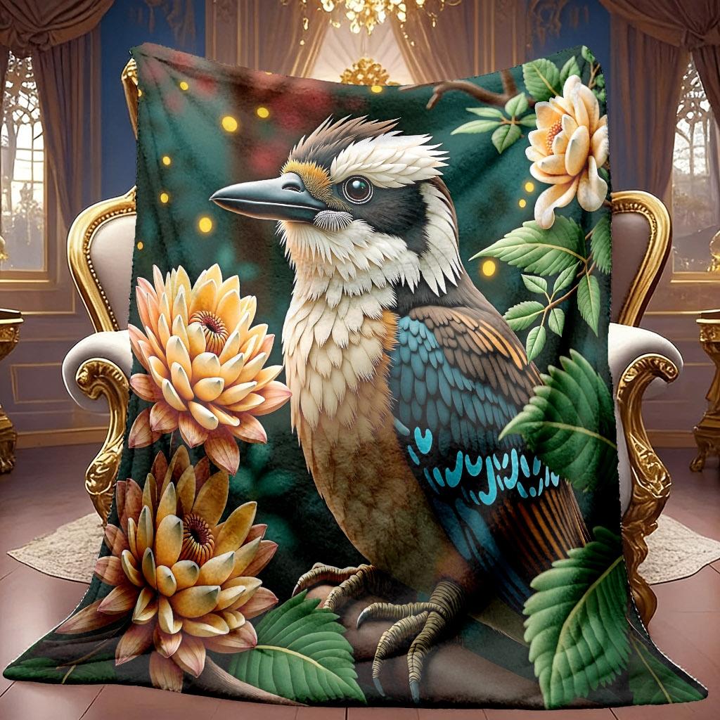 A 2D Flannel Blanket Featuring a Branch with a Turquoise-blue Finch and Yellow Flowers, with Soft High-definition Digital Printing. This Cooling Blank