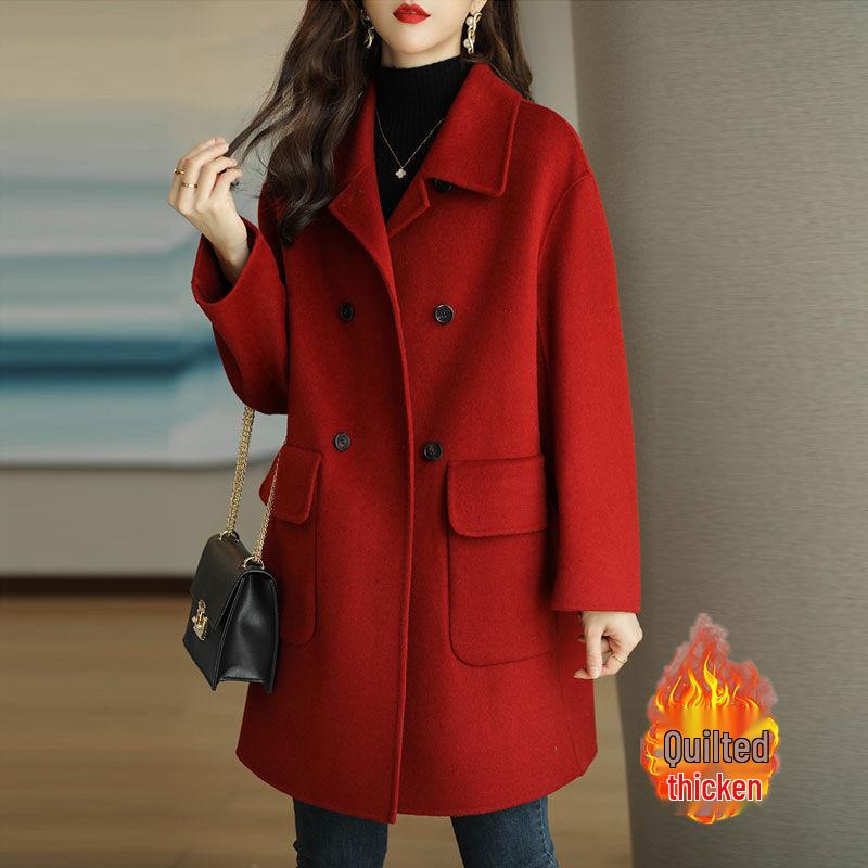 Women's Woolen Lapel Coat - 2025 Autumn/Winter Korean Style, Thickened, Slimming Mid-Length Overcoat