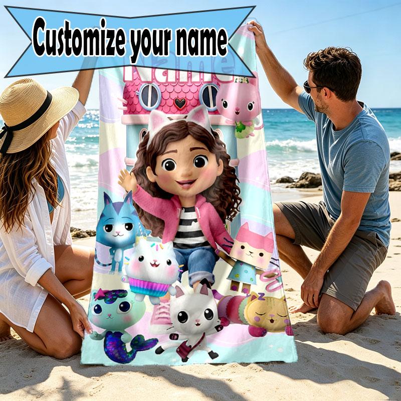 Custom Name Personalized Gabby's Dollhouse Print Beach Towel, for Trip Camping Beach Party Home Decor, Birthday Gift for Family & Friends