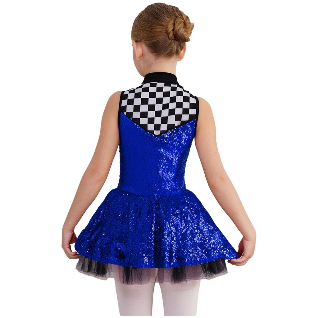 Fantasia de Piloto de Carro de Corrida para Meninas Lantejoulas Patchwork Gola Alta Sem Mangas Zíper Frontal Cinto de Strass Vestido Bufante