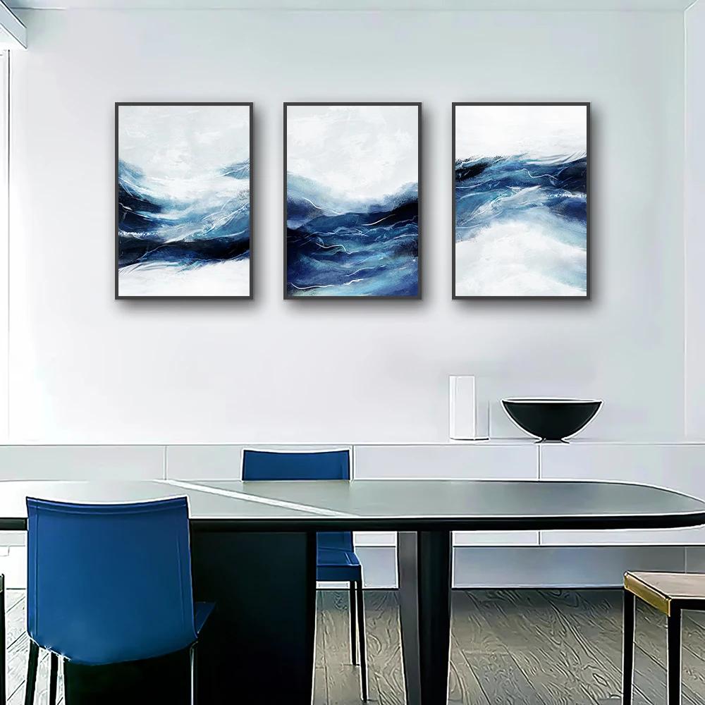 3-pcs Abstract White Black Blue Wave Poster Canvas Print Painting Wall Art Posters Bedroom Living Room Decoration Ideal Gifts