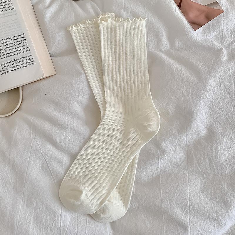 Black White Lolita Kawaii Cute Ruffle Socks Women Summer Thin Mesh Breathable Loose Long Socks Ballet Style Solid Color Socks