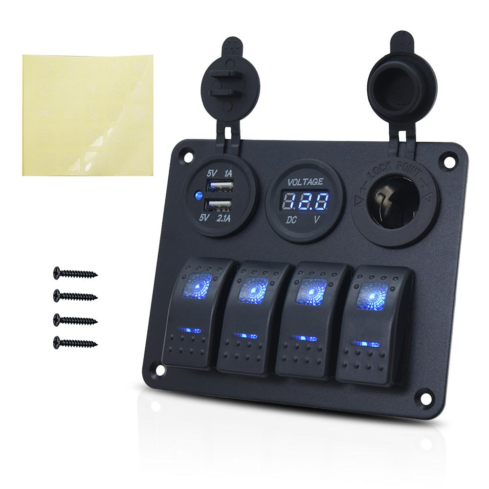 4 Gang Switch Panel Boat Switch Panel Waterproof With 3.1A Dual USB Port 12V Digital Voltmeter Cigarette Lighter Socket