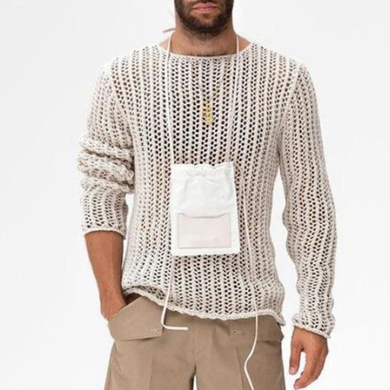 Men Mesh Top See Through Long Sleeves Round Neck Hollow-out Sexy Dress Up Polyester Men Bottoming Shirt Knitted Mesh Top Clothing for Male
