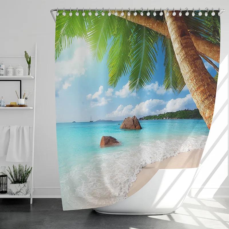 2022 New Shower Curtain Starfish Beach Pattern Bathroom Partition Waterproof  Coconut Sea View Polyester