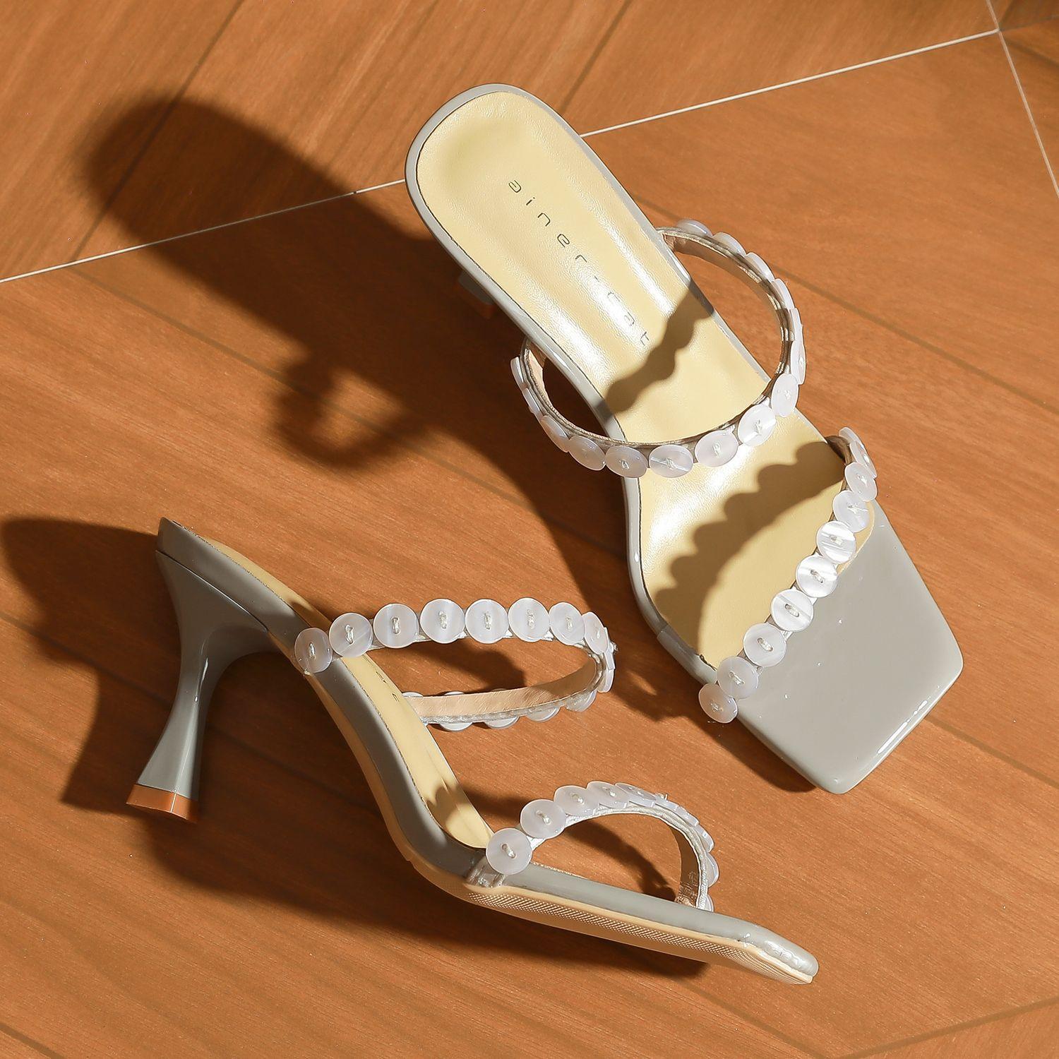 

7319 [sheepskin] high heels women s stilettos summer 2025 new square head open toe one-word button sandals 39