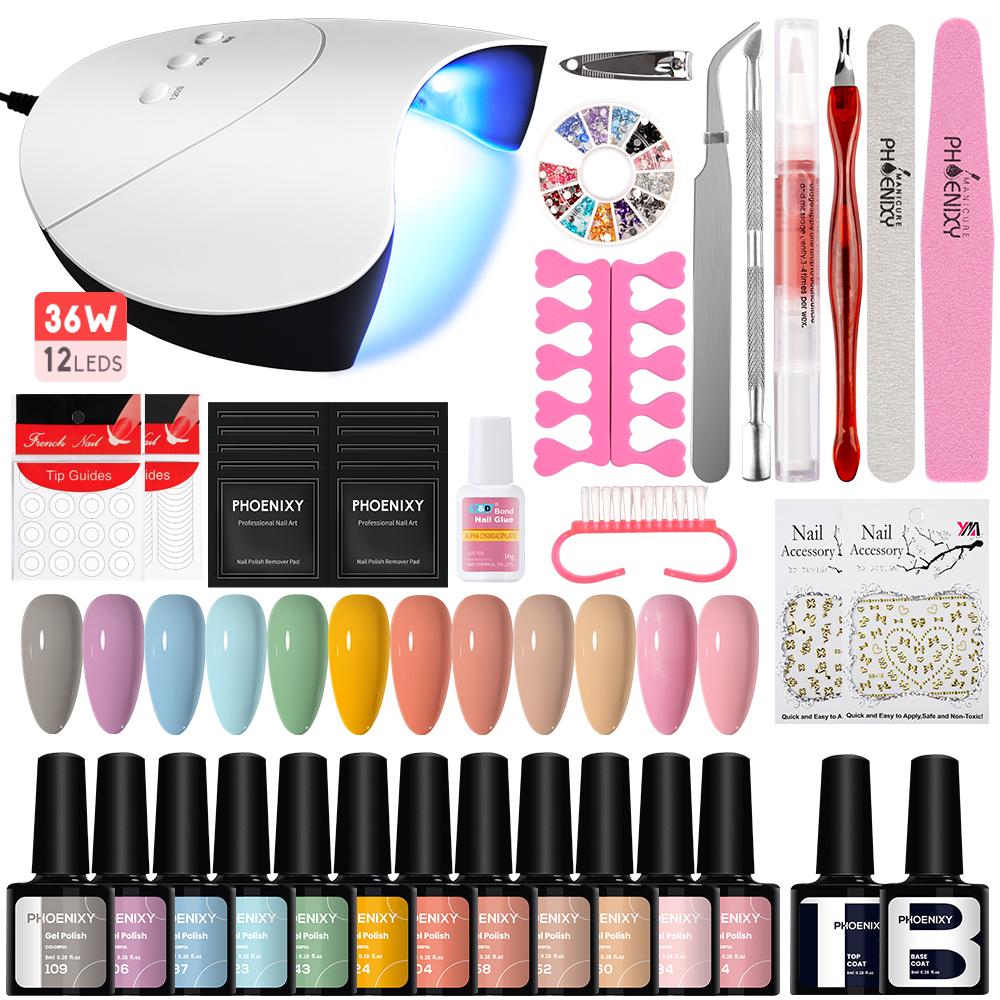 

PHOENIXY 12 цветов гель-лак для ногтей, сушилка для ногтей 36 Вт УФ/LED лампа, снимаемый гель-лак, набор для маникюра и инструменты для украшения ногтей для DIY нейл-арта SET 05