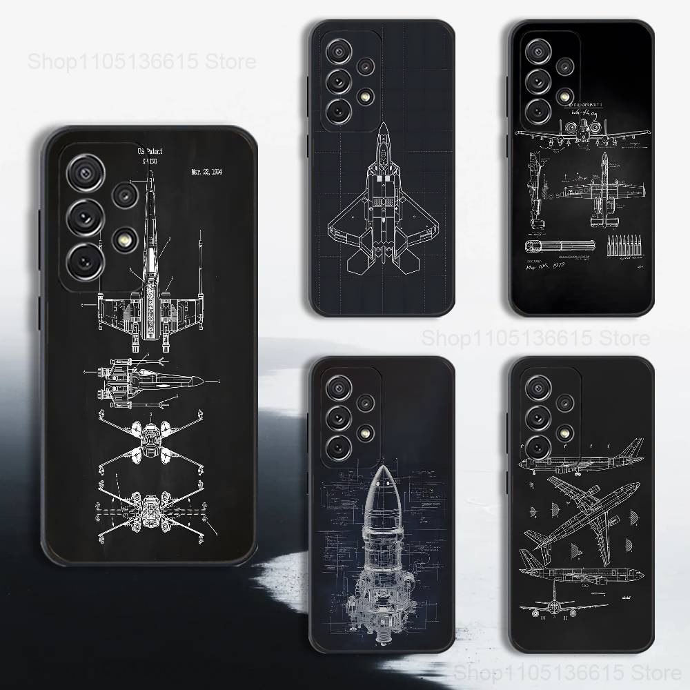 Blueprints Planes Aircraft Case For Samsung S22,S21,S9,S25,S24,S23,Ultra,FE,S20,S10,Plus,Lite,Soft Silicone Black