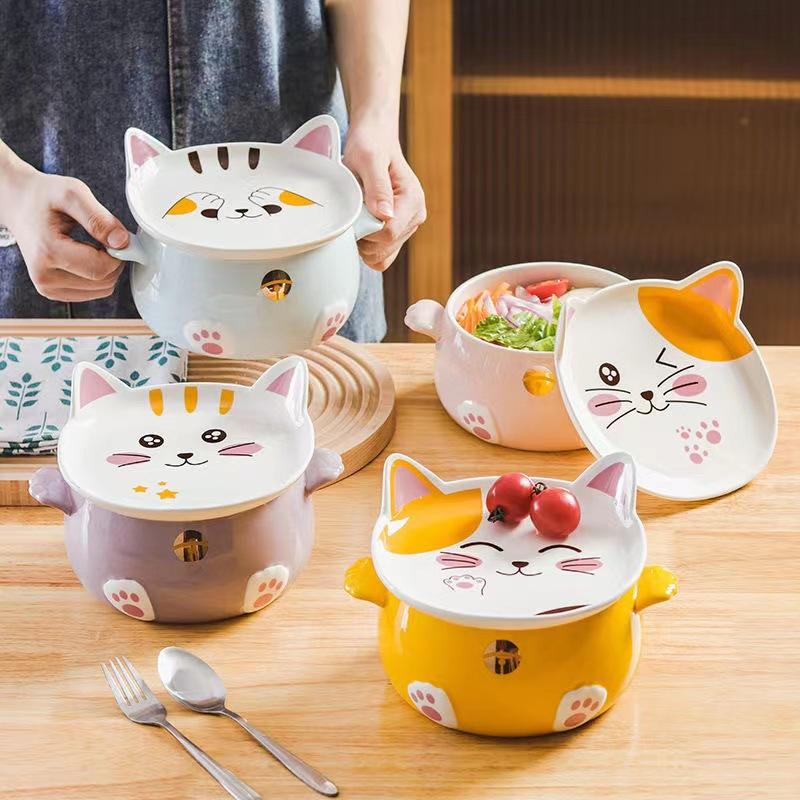 Japanese-style Cute Ceramic Instant Noodle Bowl with Lid Student Dormitory Rice Bowl Soup Bowl Binaural Noodle Bowl Large Tableware Salad Bowl