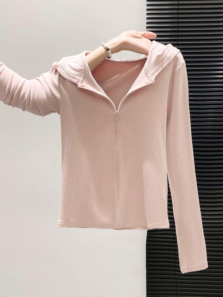 Women's Petite Slim Fit Hooded Half-Zip Long-Sleeve T-Shirt - Ideal Base Layer for Spring, Autumn, Winter