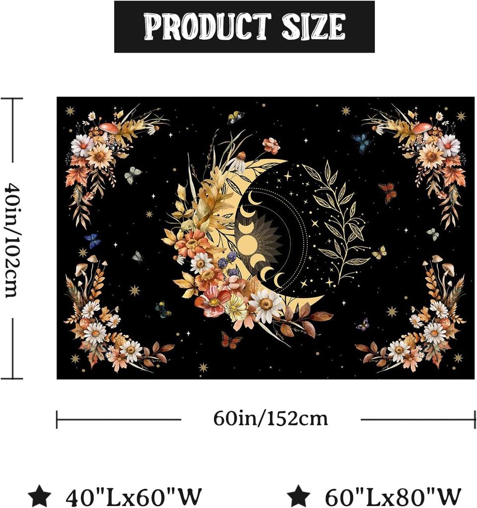 Floral Plants Sun And Moon Retro Botanical Flowers Butterfly Black Starry Sky Wall Tapestry Vintage Boho Aesthetic Tapestry Wall