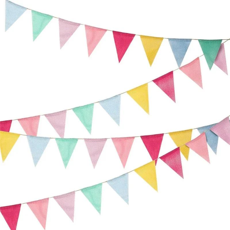 4M Colorful Jute Linen Flags Pennant Birthday Bunting Banners Wall Hanging Wedding Hanging Banner Party Garland for Home Decor