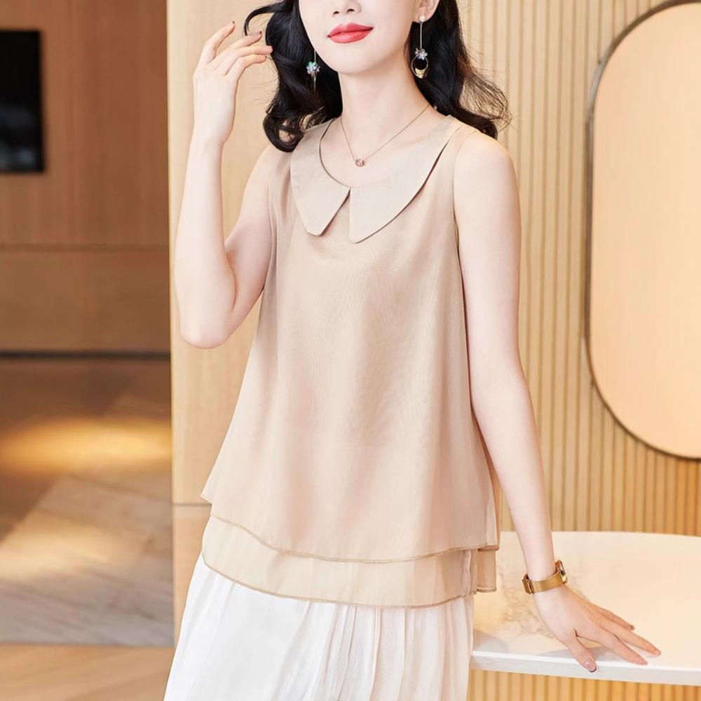 Gray Doll Collar Vest Suspender for Women's Spring New Design Loose Chiffon Belly Sleeveless Top