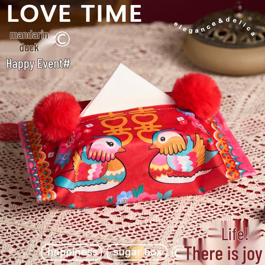 Double Happiness Chinese Wedding Tissue Box, Red Pull-out Cover for Wedding Room and Living Room Storage
