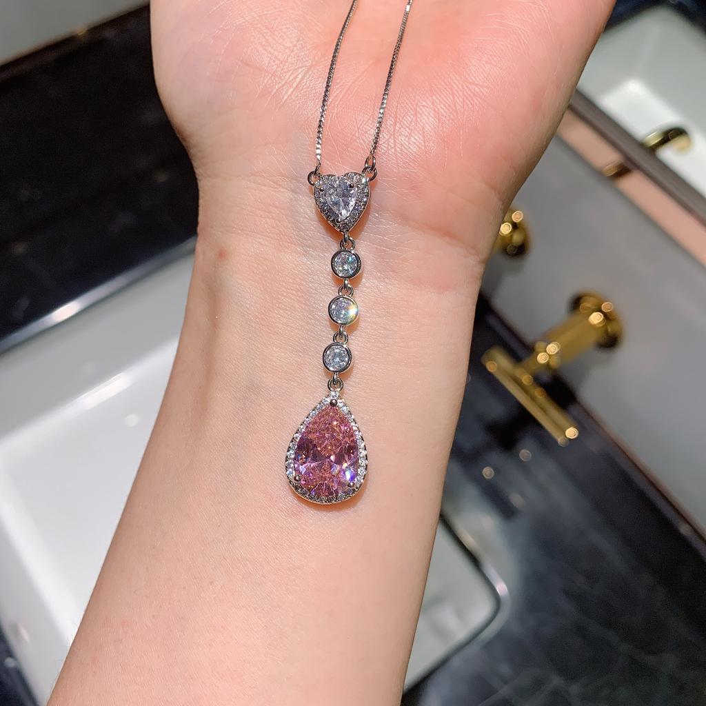 Jewelry Simulation Pink Diamond Water Drop Pendant Water Drop Earrings Necklace Female Color Treasure Set