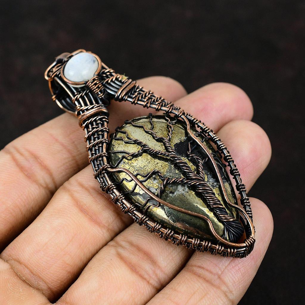 Pandantiv Piatră Prețioasă Pirită Arborele Vieții Pandantiv Înfășurat în Sârmă de Cupru Bijuterii din Sârmă de Cupru Bijuterii cu Piatră Lunii Curcubeu Cadou Pentru Ea Pandantiv de Designer