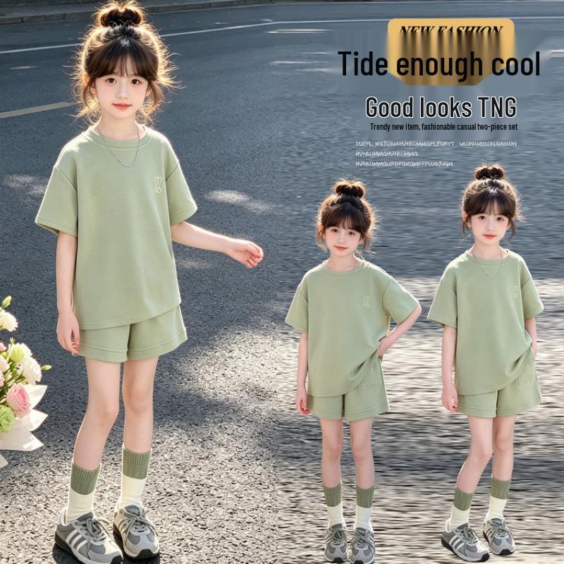 Girls' Korean Style Summer Sports Set: Short Sleeve & Shorts Two-Piece