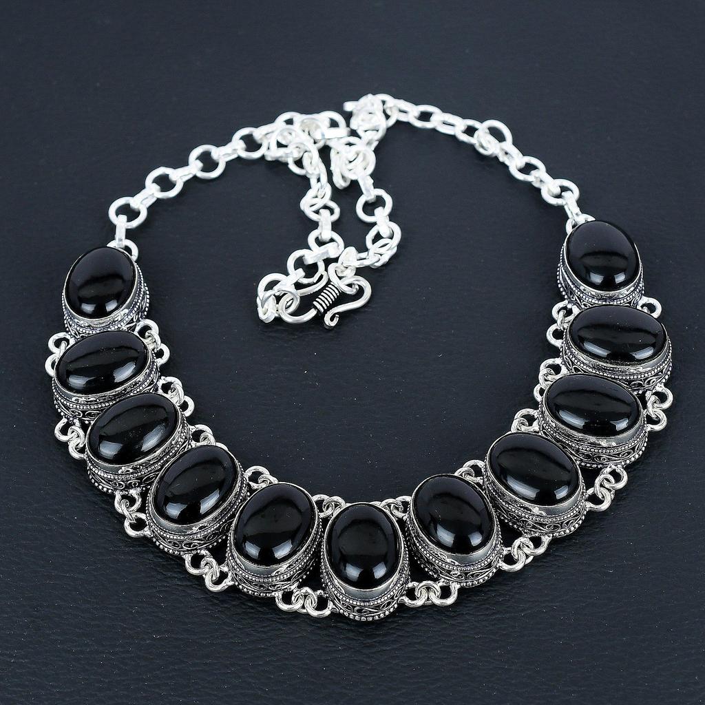 Naturlig Svart Onyks Edelsten Håndlaget 925 Sterlingsølv Smykker Halskjede Armbånd Sett, Antikk Smykkesett, Bryllupsgaver Armbånd Til Kone