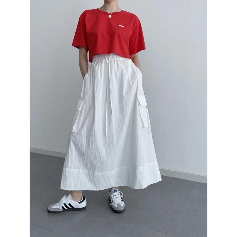 Sør-Korea elegant vårfarget retro allsidig elastisk midje snøring med store lommer design løst avslappet cargoskjørt for kvinner