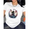European Size Women'S Black and White Polyester T-Shirt with Fairy Design - Comfortable