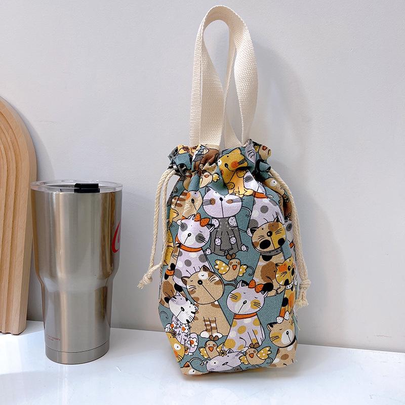 Portable Canvas Insulator Sleeve Bag Case Thermos Pouch Cartoon Pictures Closing Drawstring Storage Bag Vacuum Cup Set