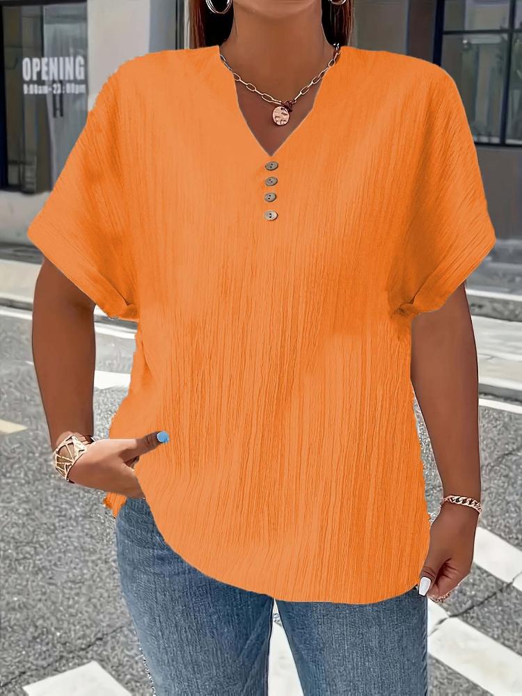 Большие размеры, Женские большие размеры, Новая европейская и американская весенне-летняя футболка с коротким рукавом, на пуговицах, однотонная, элегантная, повседневная XL оранжевый