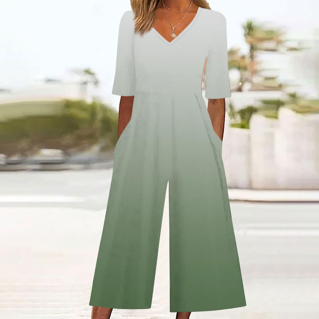Women's Loose Casual V-Neck Gradient Printed Jumpsuit Slim Fit Wide Leg Jumpsuit