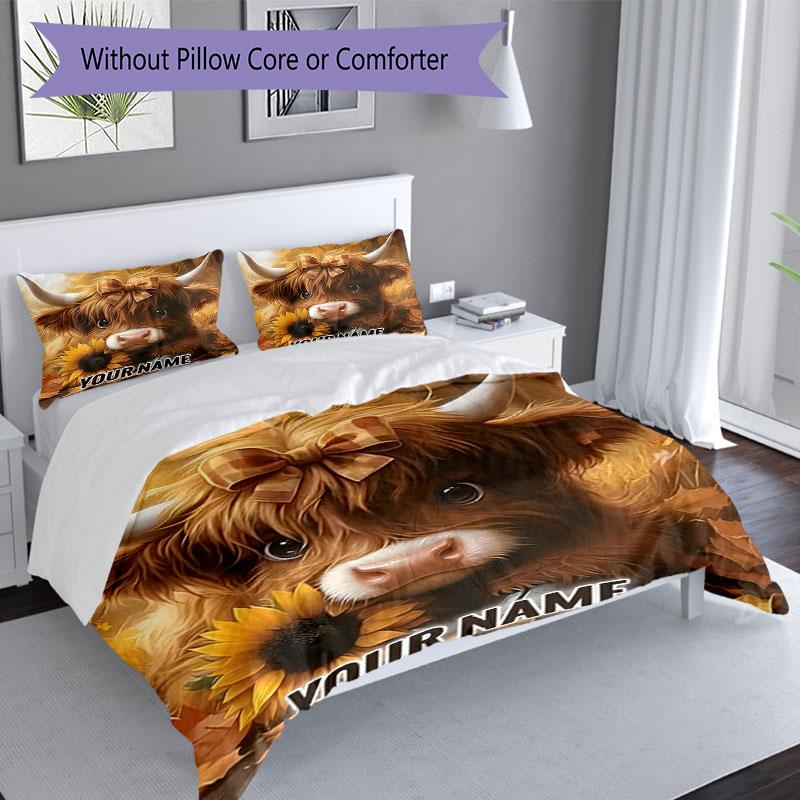 3PC Custom Name Autumn Highland Cow Portrait Bedding Set Printed Bedding Set Duvet Cover Closure Includes 1 Duvet Cover & 2 Pillowcases for All Season