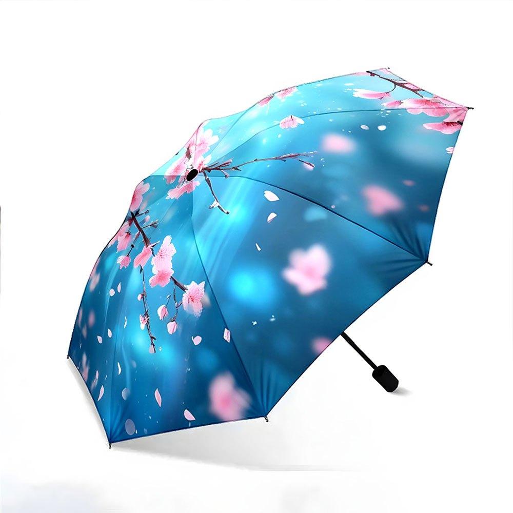 

Automatic Folding Umbrella Pink cherry blossoms on a blue background. Portable collapsible design, casual outdoor accessory, C Iron&8K