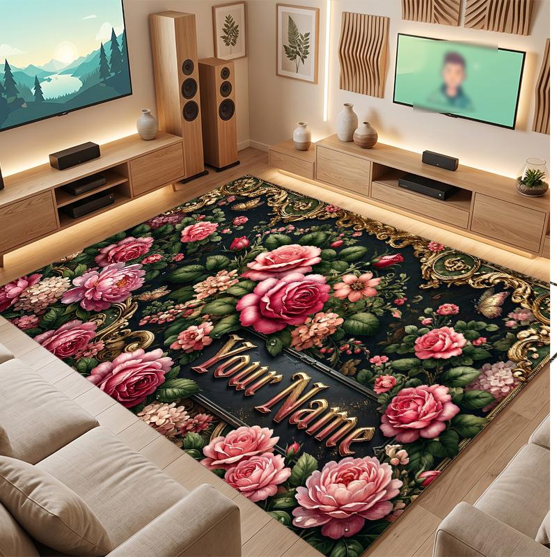 Floral Garden Theme Soft Crystal Velvet Rug Custom Name & Text Print Non Slip Floor Rug for Bedroom Living Room