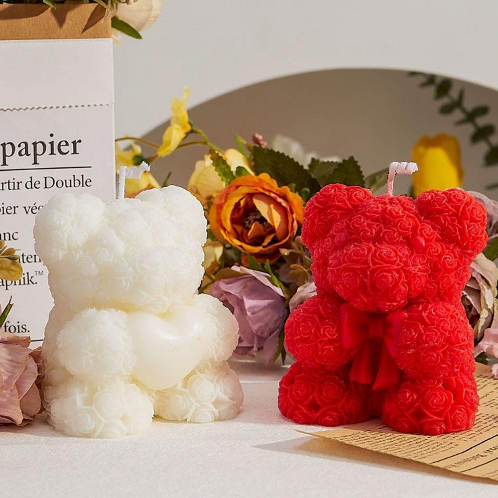 Romantic Rose Love Bear Silicone Candle Mold Flower Rabbit Plaster Doll Making Tool Heart Bunny Wedding Party Decor  Bride Gifts