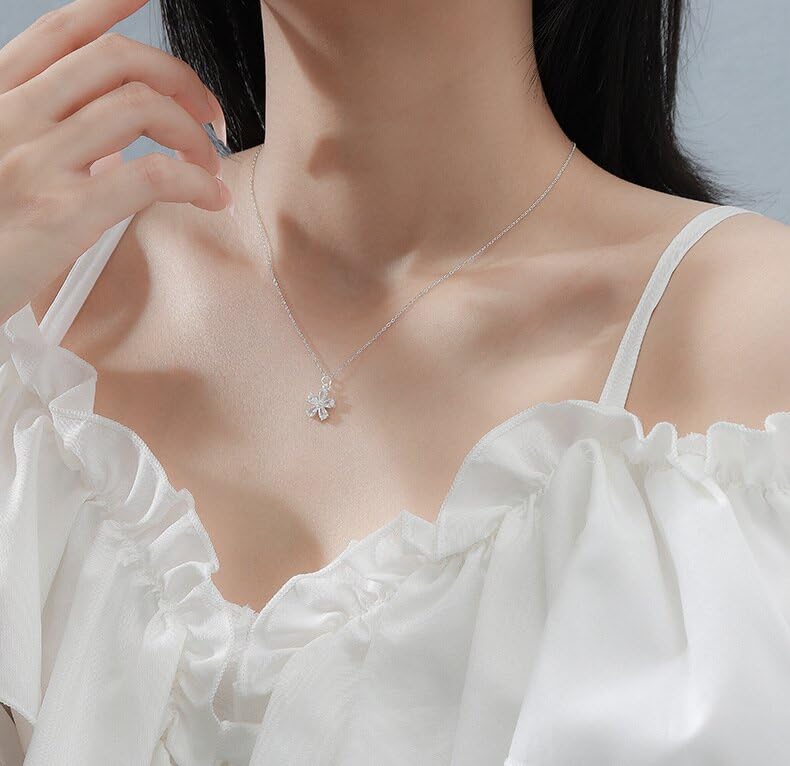 Rockyu brand jewelry - Popular necklace for women, sterling silver (925), pendant, flower design, crystal, Asian ethnic style.