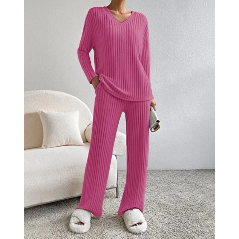 

V-neck Long Sleeve Pants Set V Neck Long Sleeves T-shirt Casual Pants Suit Rose Red S