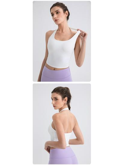 Damski Top Sportowy do Jogi z Dekoltem na Szyi i Wkładkami - Nude, Seksowny Tył Styl 52167