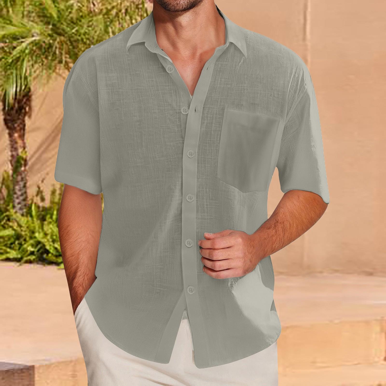 

Мужская рубашка с коротким рукавом из хлопка и льна, повседневная, с лацканами, приталенного кроя, дышащая, на пуговицах, с карманом XXXL