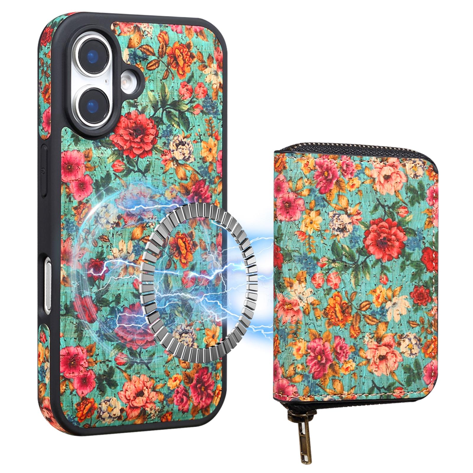 

For iPhone 16 Plus Magnetic Case with Detachable Zipper Card Bag Flower Leather Back Cover Blue