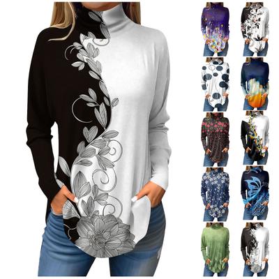T-Shirts für Damen, Herbst, lässig, langärmelig, Sweatshirt, einfarbig, hoher Halsausschnitt, Top, Pullover