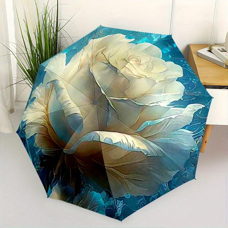 

1pc ivory Rose Print Umbrella - Home Essential Portable Folding Umbrella with Durable Iron Frame Suitable for All Seasons Perf (as the picture,Iron&8K)
