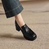 Krazing Pot Sheepskin Round Toe Thick Med Heels Spring Shoes Slip On Big Size 42 Loafers Women Platform Pumps