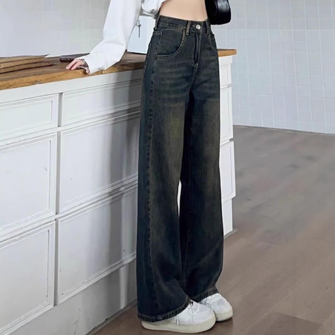 

Women s Retro Elastic Cement Wide Leg Jeans - Petite, Floor-Length, Spring/Autumn S