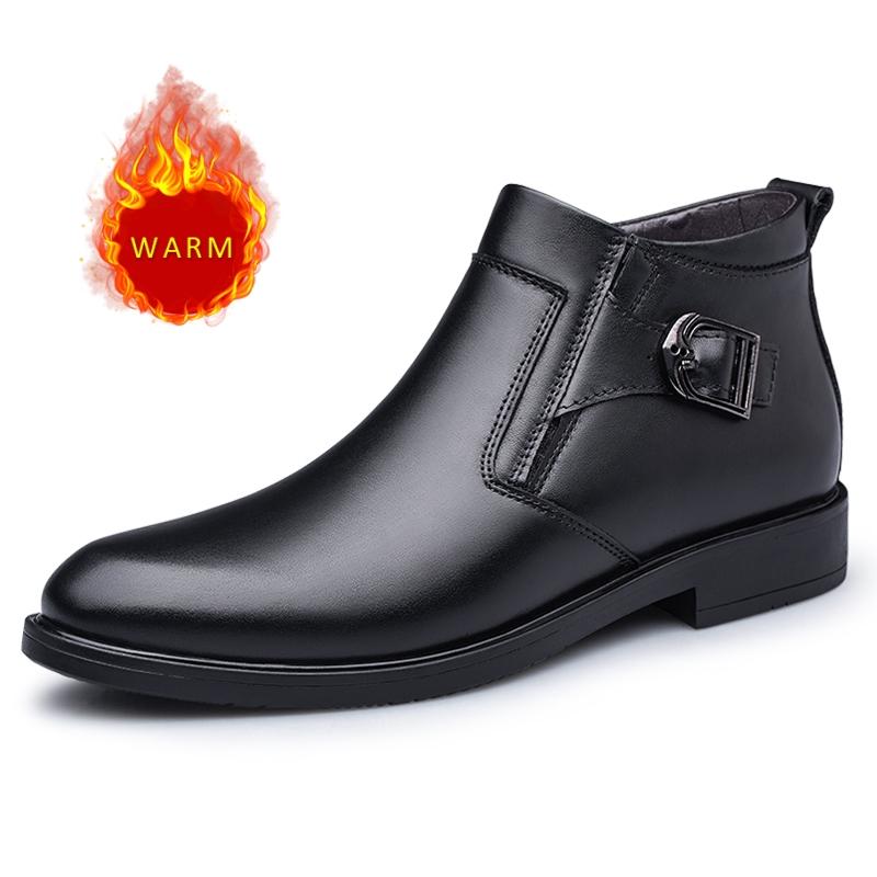 

2025 Классический бренд Зимние мужские ботильоны Теплый плюшевый дизайн Мужская натуральная кожа Повседневная обувь Массажные подошвы Деловая обувь 46